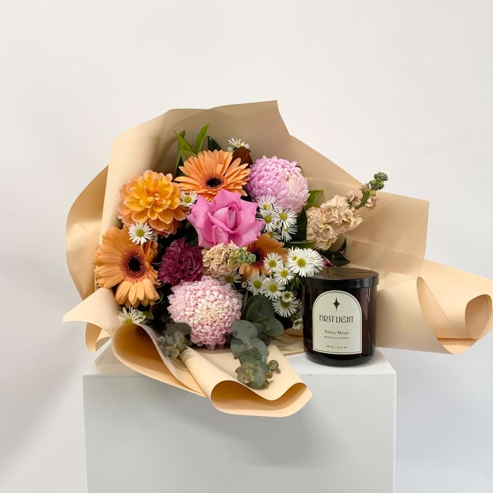 First Light Candle Special with our Florist Pick Bouquet